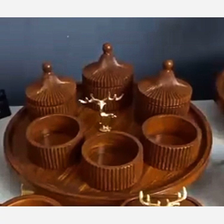 ست سینی و شش عدد قندان سنگ مصنوعی طرح چوب